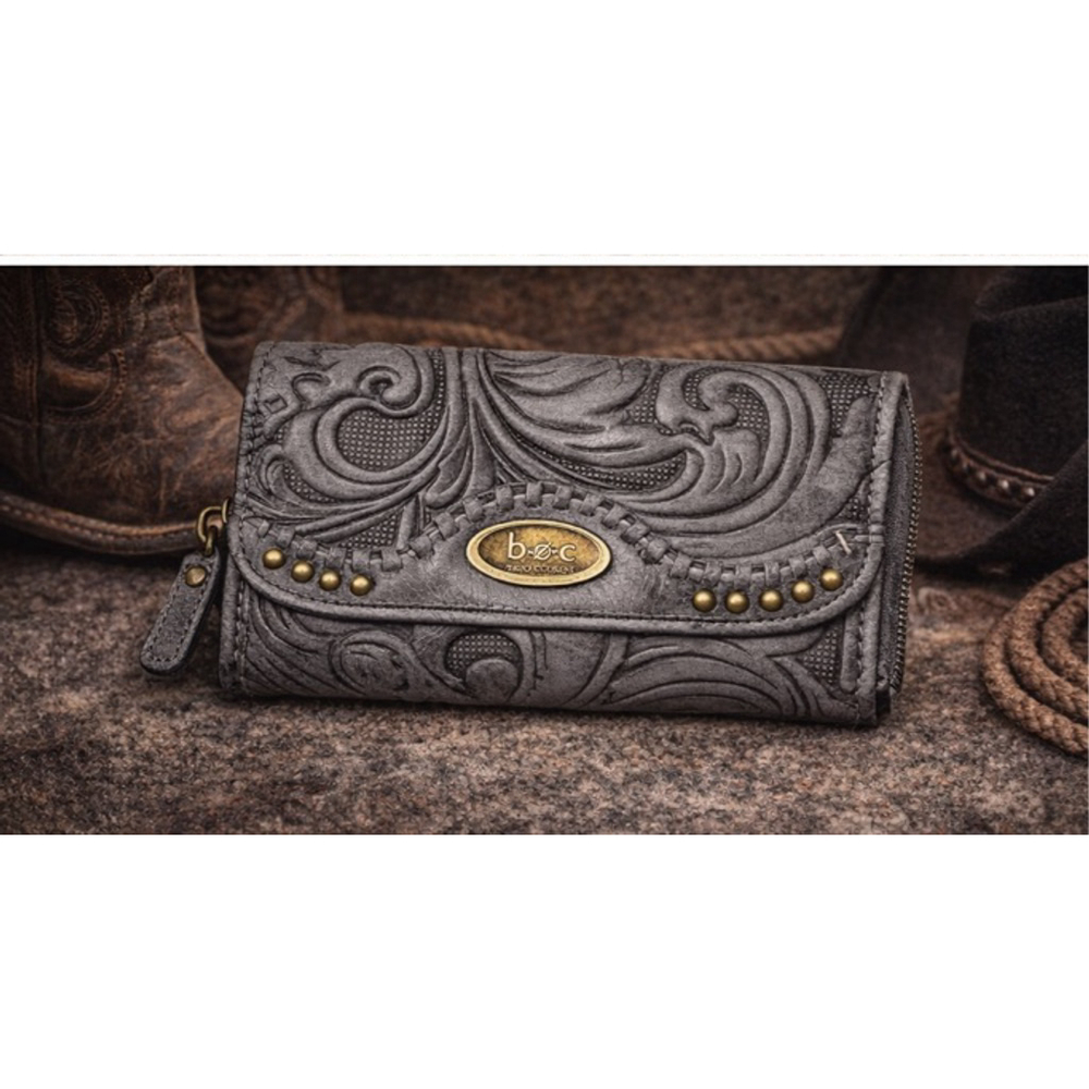 b.ø.c Born Concept Tooled Wallet Clutch | Grey Embossed Boho Western Wallet